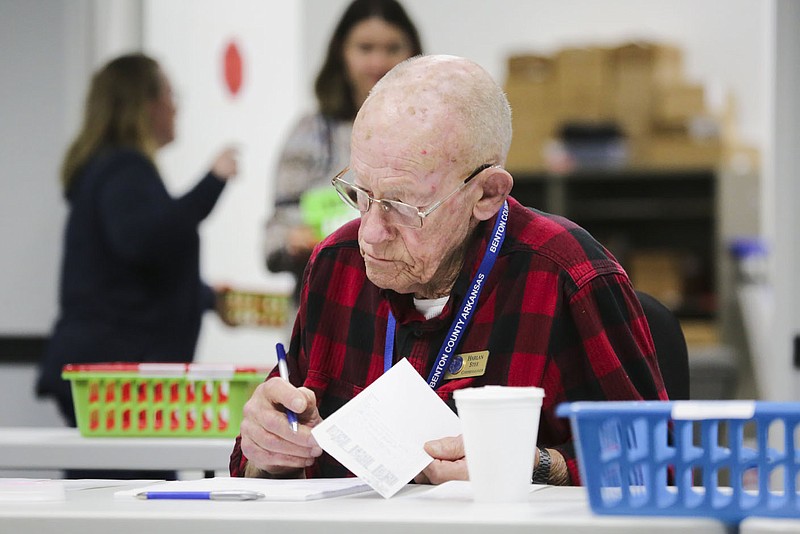 Election Commissioner Harlan Stee sorts ballots for a recount Monday at the Rogers Election Commission building in Rogers. Visit nwaonline.com/221115Daily/ for today's photo gallery.

(NWA Democrat-Gazette/Charlie Kaijo)