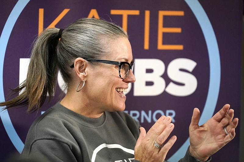 AP 
Katie Hobbs, Democratic candidate for Arizona governor, applauds supporters at a campaign event in Peoria, Ariz., Monday, Nov. 7, 2022. (AP Photo/Ross D. Franklin)