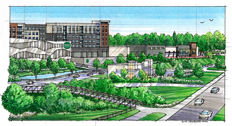 This rendering shows plans for Whole Foods Market, as well as a surrounding shopping center and apartment complex, in Rogers. The grocery store is on track to open in late 2024, according to a representative of SJC Ventures.

(Courtesy Photo/SJC Ventures)