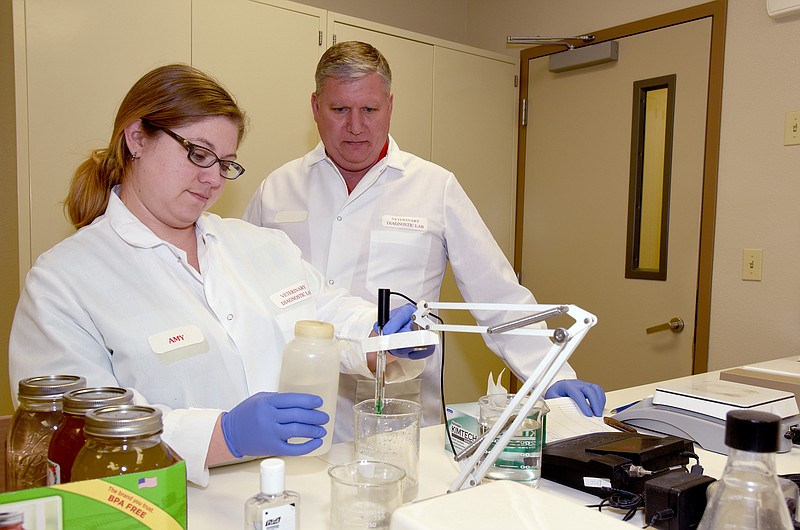 Tollett lab Director Randy Moore, DVM, with microbiologist Amy Chapman analyze samples at the Veterinary Diagnostic Lab in this file photo. (Special to The Commercial/University of Arkansas System Division of Agriculture)