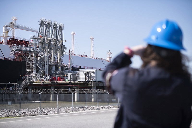 An LNG Tanker vessel waiting to be loaded at the Cheniere Sabine Pass Liquefaction facility in Cameron, Louisiana, on April 14, 2022. MUST CREDIT: Bloomberg photo by Mark Felix.