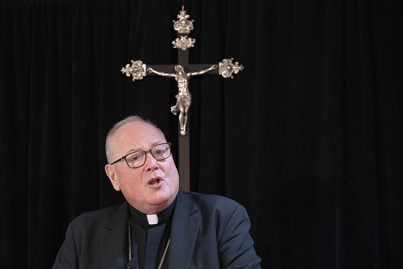 FILE - Cardinal Timothy Dolan, archbishop of New York, speaks during a news conference, Monday, Sept. 30, 2019 in New York. In November 2022, Dolan, chairman of the Catholic bishops’ Committee for Religious Liberty, dismissed a bill pending in the Senate that would protect same sex and interracial marriages in federal law, as failing even the “meager goal” of preserving the status quo in balancing religious freedom with the right to same-sex marriage. (AP Photo/Mark Lennihan)