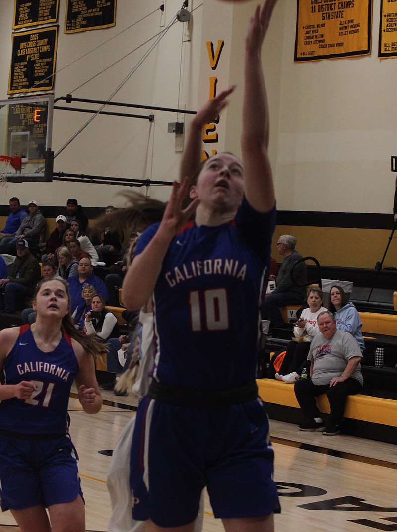 Senior forward Lauren Friedrich soars to the rim for a layup off a steal. Friedrich had a game-high 23 points.(Democrat photo/Evan Holmes)