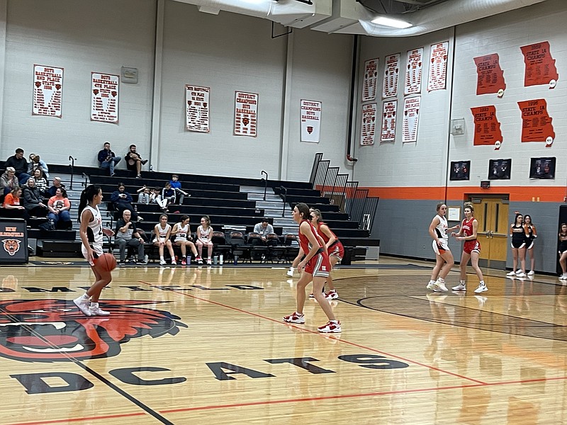 New Bloomfield guard Avery Nichols dribbles the ball in the Lady Wildcats' home opener versus Harrisburg Saturday afternoon at New Bloomfield's basketball court in New Bloomfield. (Fulton Sun/Robby Campbell)