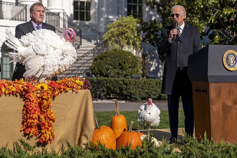 President Joe Biden, accompanied by Ronald Parker, chairman of the National Turkey Federation, left, speaks next to Chocolate, the national Thanksgiving turkey, left, during a pardoning ceremony at the White House on Monday, Nov. 21, 2022, in Washington. Chip, the national Thanksgiving turkey, is at bottom right. (AP Photo/Andrew Harnik)