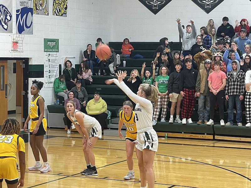 North Callaway girls basketball point guard Riley Blevins shoots a free throw after a Fulton player fouled her Monday night at North Callaway's basketball court in Kingdom City. (Fulton Sun/Robby Campbell)