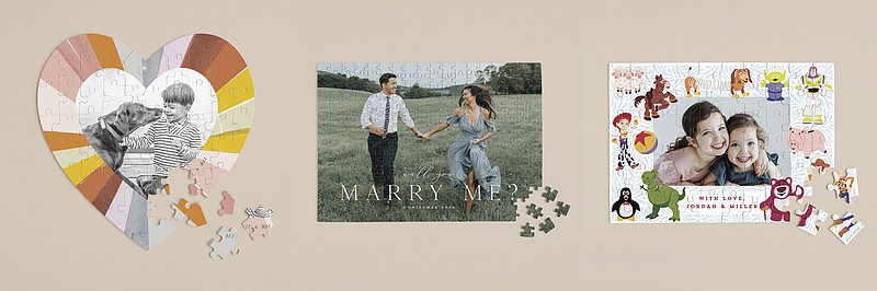 This combination of images shows a variety of personalized puzzles offered by Minted. There are square and heart-shaped layouts, and you can pick black & white or color reproductions. It’s a nice way to celebrate family moments. (Minted via AP)