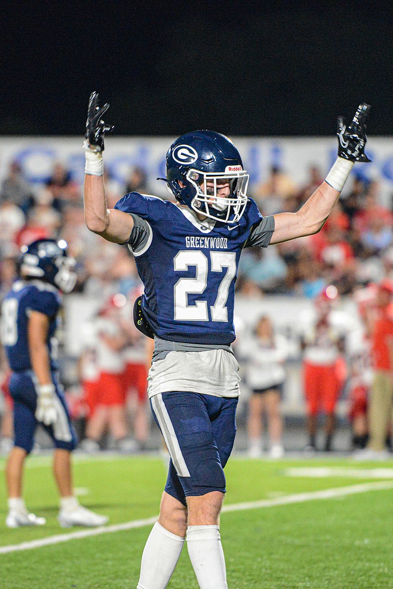 Landon Nelms (27), junior defensive back for Greenwood, reacts on Friday, Sept. 2, 2022, during the second quarter of the Bulldogs' 56-53 win over Fort Smith Northside at Smith-Robinson Stadium in Greenwood. Nelms and the Bulldogs will host Benton on Friday in a Class 6A state semifinal game.
(NWA Democrat-Gazette/Hank Layton)