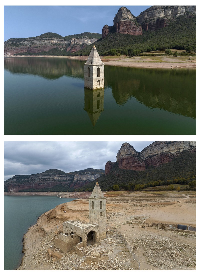 This combo of images shows from the top, an 11th century Romanesque church partially exposed in a reservoir in Vilanova de Sau, Catalonia, Spain, on Monday, June 20, 2022, and the same spot on Friday, Nov. 18, 2022. (AP Photo/Emilio Morenatti)
