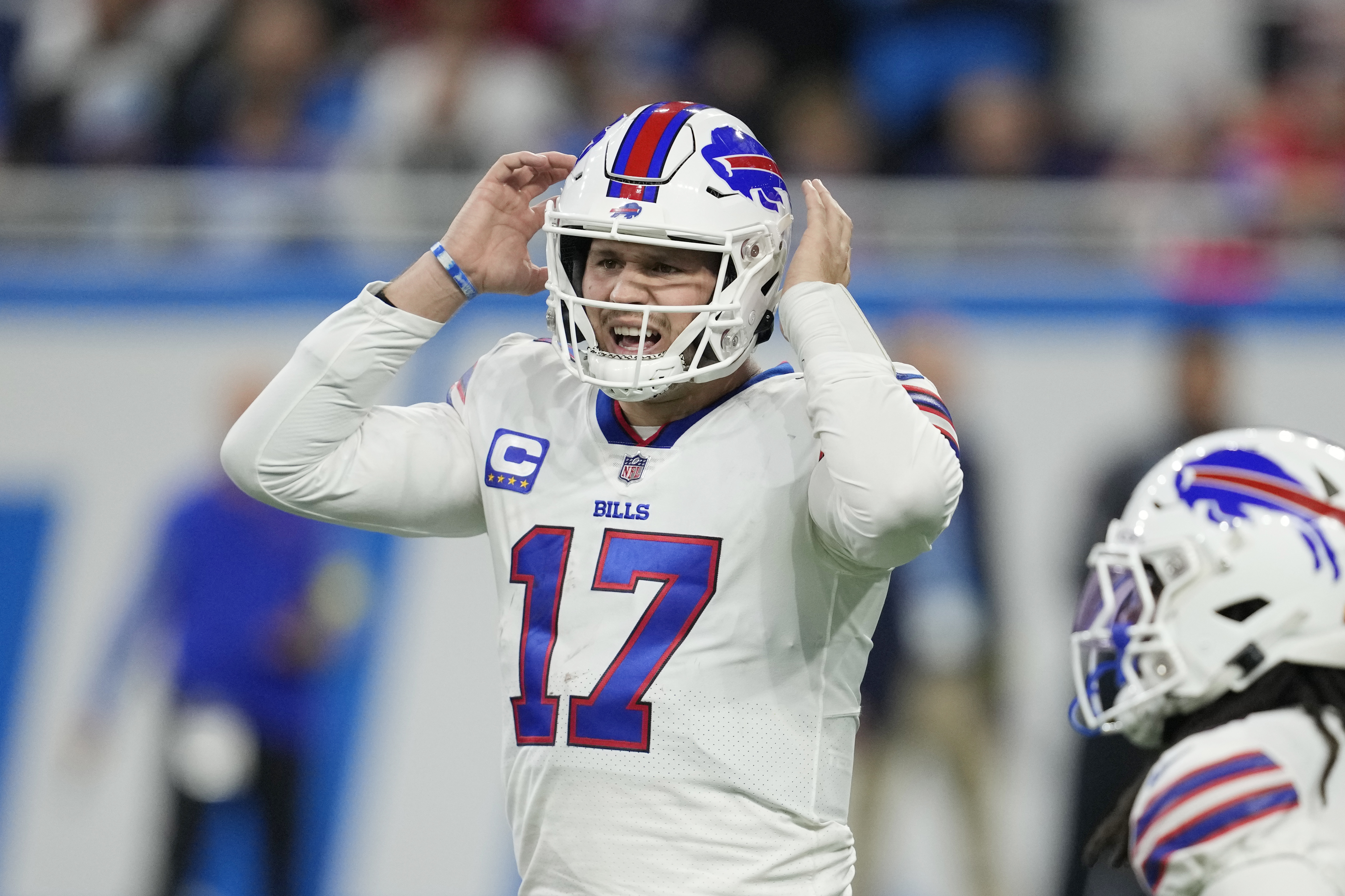 Detroit Lions wide receiver Amon-Ra St. Brown reacts after his 1-yard  reception for a touchdown during the first half of an NFL football game  against the Buffalo Bills, Thursday, Nov. 24, 2022