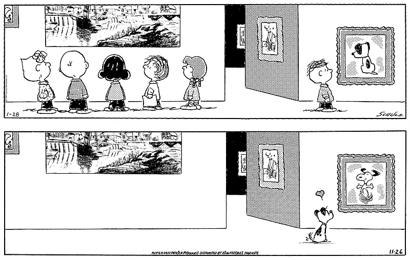 Esta combinación de imágenes muestra una tira cómica de "Peanuts" por Charles M. Schulz en 1999 que muestra a niños en un museo, con uno de los mirando un cuadro del perro Earl, de "Mutts", arriba; y una próxima tira cómica de "Mutts", por Patrick McDonnell, que muestra a Earl en un museo mirando con cariño un cuadro de Snoopy.  (Peanuts vía AP, arriba y King Features Syndicate vía AP)
