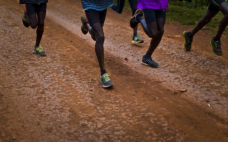 FILE - Kenyan athletes train together just after dawn on a dusty track in Kaptagat Forest in western Kenya, on Jan. 30, 2016. The threat of an imminent ban by track and field governing body World Athletics, which would likely have repercussions for a number of medal contenders at next year's world championships and the 2024 Paris Olympics was conceded by the Kenyan sports ministry in a statement issued on Thursday, Nov. 24, 2022.  (AP Photo/Ben Curtis, File)