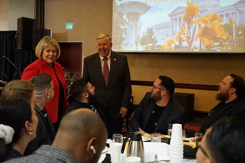 Photo courtesy of Governor’s Prayer Breakfast Committee: 
Missouri Gov. Mike Parson and First Lady Teresa Parson greet a table during the 2022 Governor's Prayer Breakfast. The annual event will return Thursday, Jan. 5, 2023.