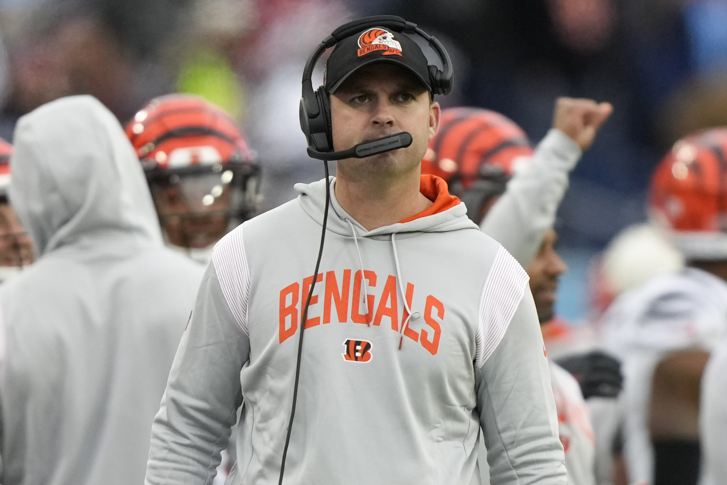 Cincinnati Bengals quarterback Joe Burrow (9) walks to the sidelines during  an NFL football gam …