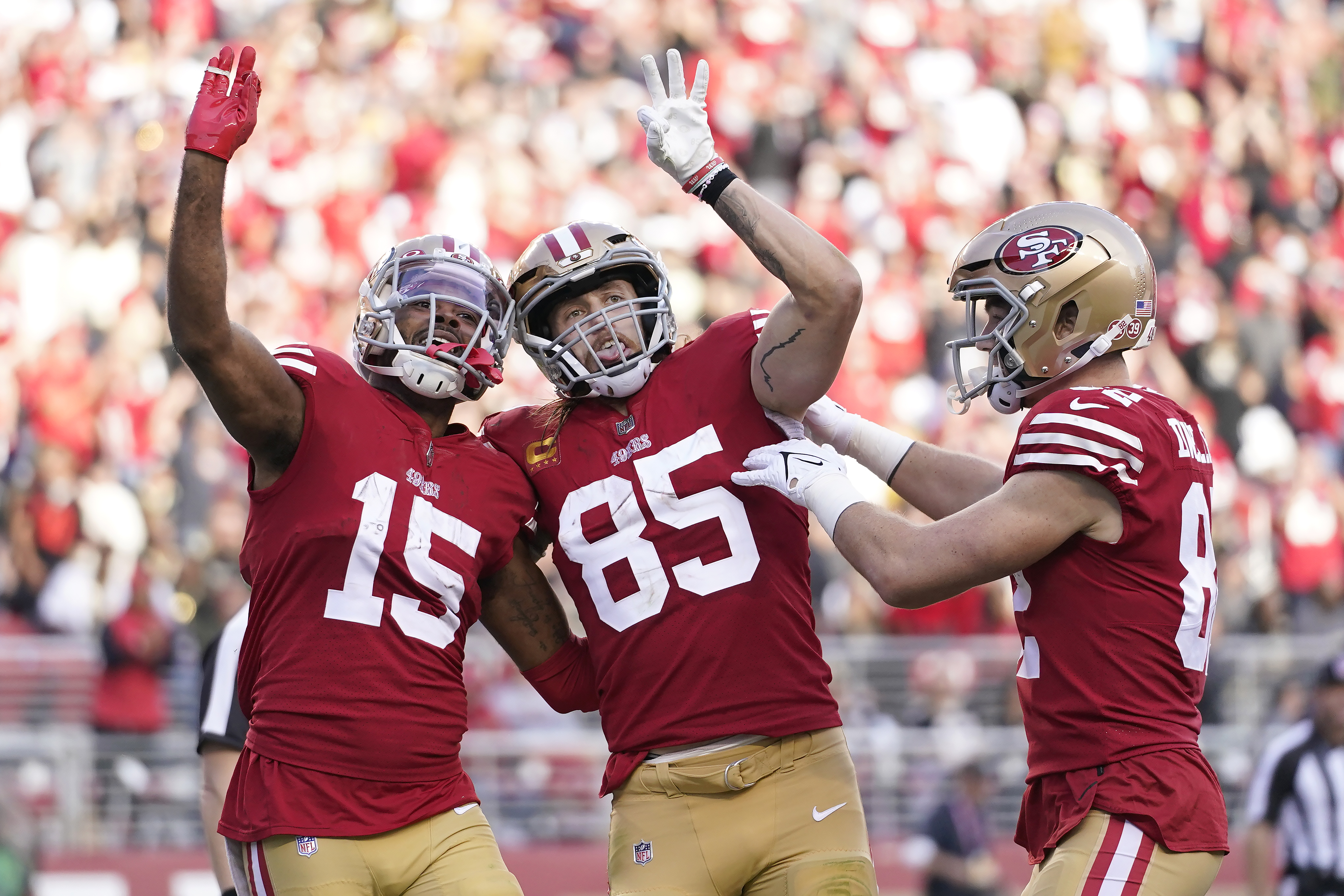 San Francisco 49ers safety George Odum celebrates after the 49ers