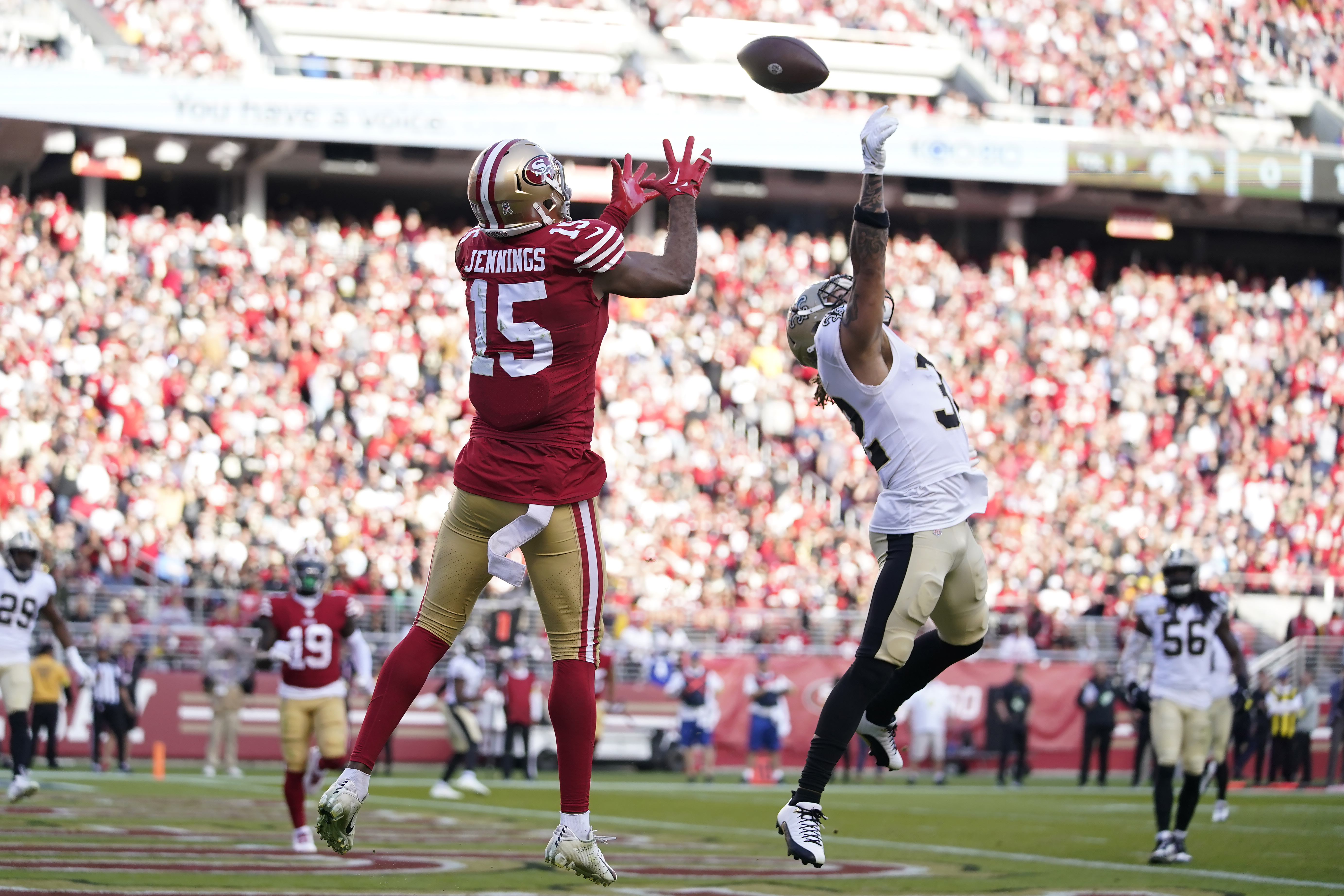 Santa Clara, USA. 14th Jan, 2023. San Francisco 49ers wide receiver Jauan  Jennings (15) and San Francisco 49ers running back Christian McCaffrey (23)  celebrate during the NFL Wildcard Game Saturday January 14