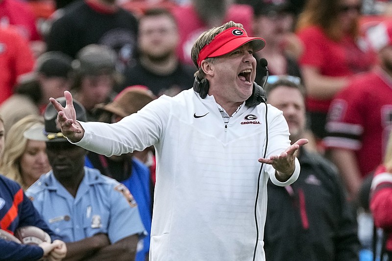 Georgia head coach Kirby Smart reacts on the sideline during the second half of an NCAA college football game against Georgia Tech, Saturday, Nov. 26, 2022, in Athens, Ga. (AP Photo/John Bazemore)