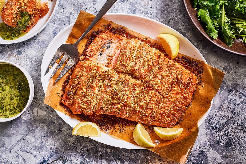 Hasselback Salmon With Chimichurri Vinaigrette (For The Washington Post/Justin Tsucalas)