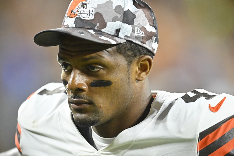 Cleveland Browns quarterback Deshaun Watson leaves the field at the end of the first half against the Chicago Bears in an NFL preseason football game, Aug. 27, in Cleveland. About 10 of the women who accused Watson of sexual harassment and assault during massages planned to attend Sunday’s game at Houston’s NRG Stadium when the Browns take on the Texans and watch him play in his return from an 11-game suspension. - Photo by David Richard of The Associated Press