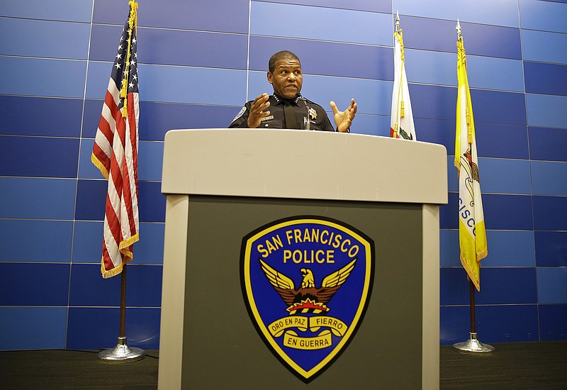 FILE - San Francisco Police Chief Bill Scott answers questions during a news conference in San Francisco, on May 21, 2019. The Democratic San Francisco Board of Supervisors could allow police to use potentially lethal, remote-controlled robots in emergency situations. The 11-member board will vote Tuesday, Nov. 29, 2022, on a controversial proposal opposed by civil rights advocates critical of the militarization of police. (AP Photo/Eric Risberg, File)