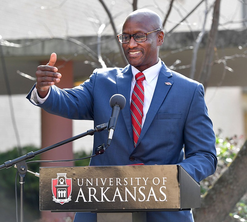 Charles Robinson, chancellor of the University of Arkansas, speaks Tuesday, Nov. 29, 2022, during a groundbreaking ceremony for a planned restoration and renovation of the Fine Arts Center on the university campus in Fayetteville. The building was designed by renowned architect Edward Durell Stone and built in 1951. The project is set to begin in January and be open in the fall of 2024. Visit nwaonline.com/photo for today's photo gallery. 
(NWA Democrat-Gazette/Andy Shupe)