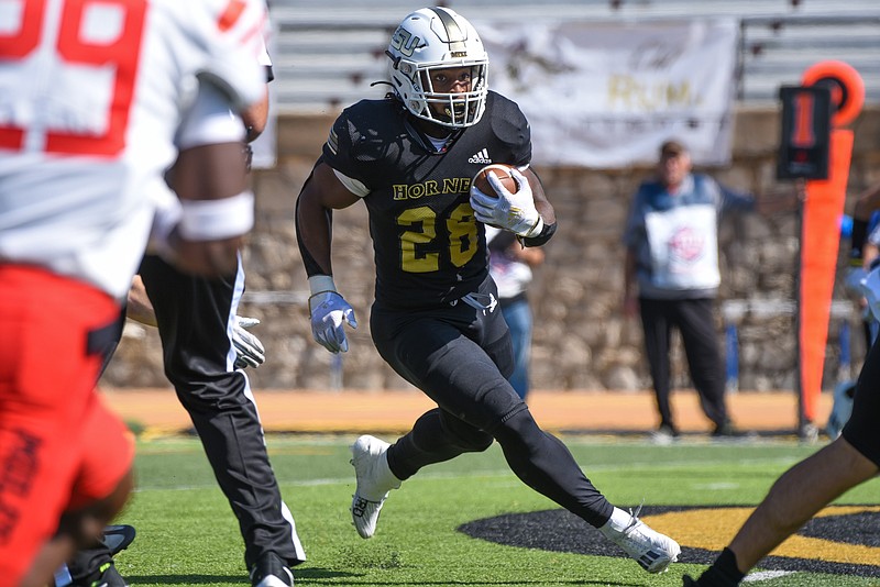 Emporia State running back Kingsley Bennett runs downfield against Central Missouri on Oct. 8, 2022, in Emporia, Kansas. (Photo courtesy of Emporia State)