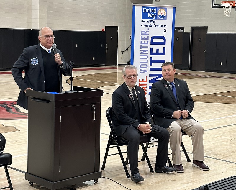 Texarkana, Ark., Mayor Allen Brown, left, speaks at a Live United Bowl press conference at Arkansas Middle School on Tuesday, Nov. 15, 2022. Emporia State University and Southeastern Oklahoma State University will face off for the trophy at noon Saturday, Dec. 2 at Razorback Stadium. (Photo courtesy of Mark Bledsoe/United Way)