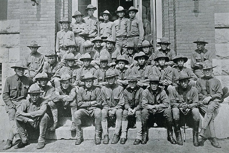 Former Haskell Institute Students turned WWI soldiers, circa 1918. Taken at Lawrence, Kansas. Photo courtesy of UA Little Rock.