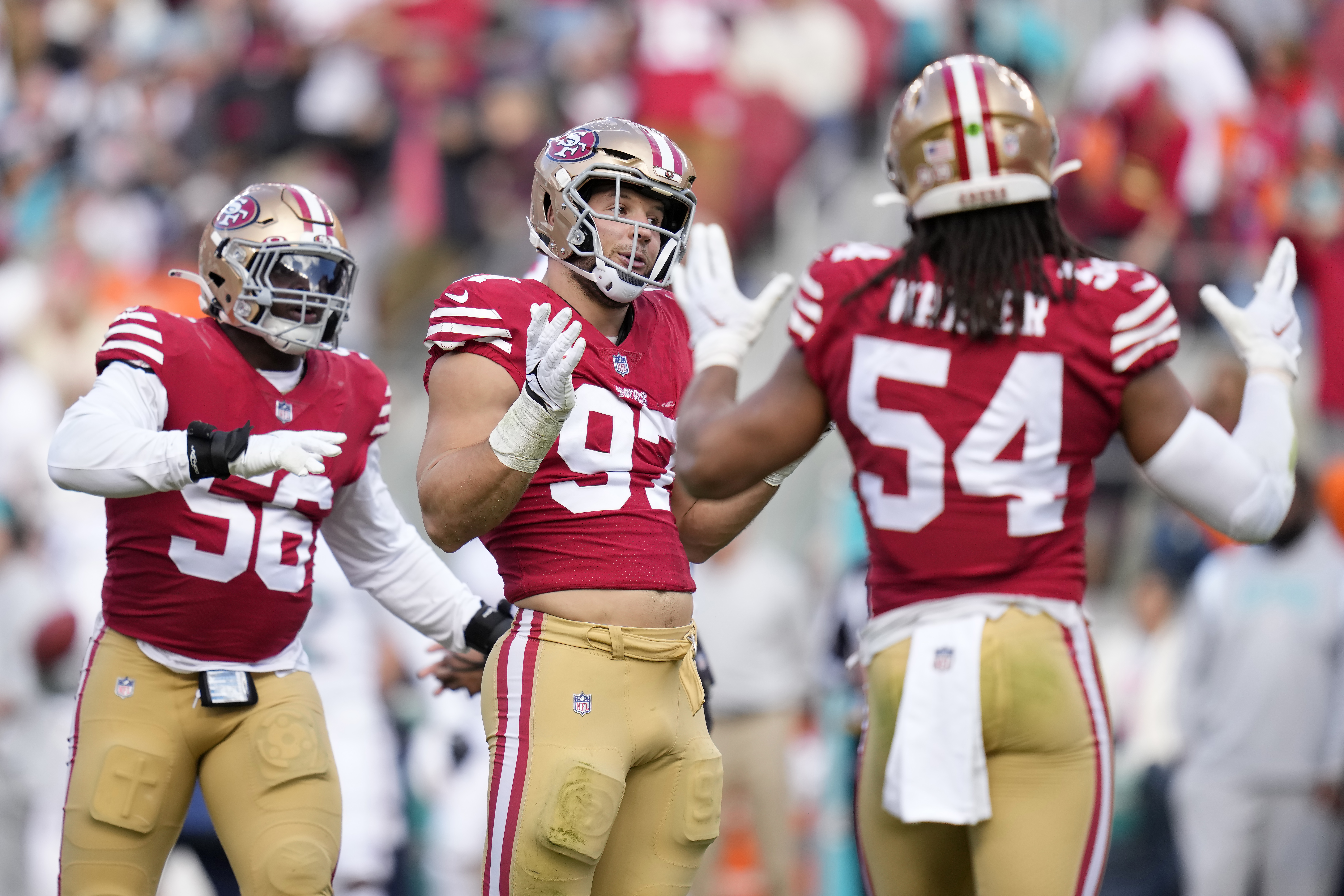 Linebacker (56) Samson Ebukam of the San Francisco 49ers walks off