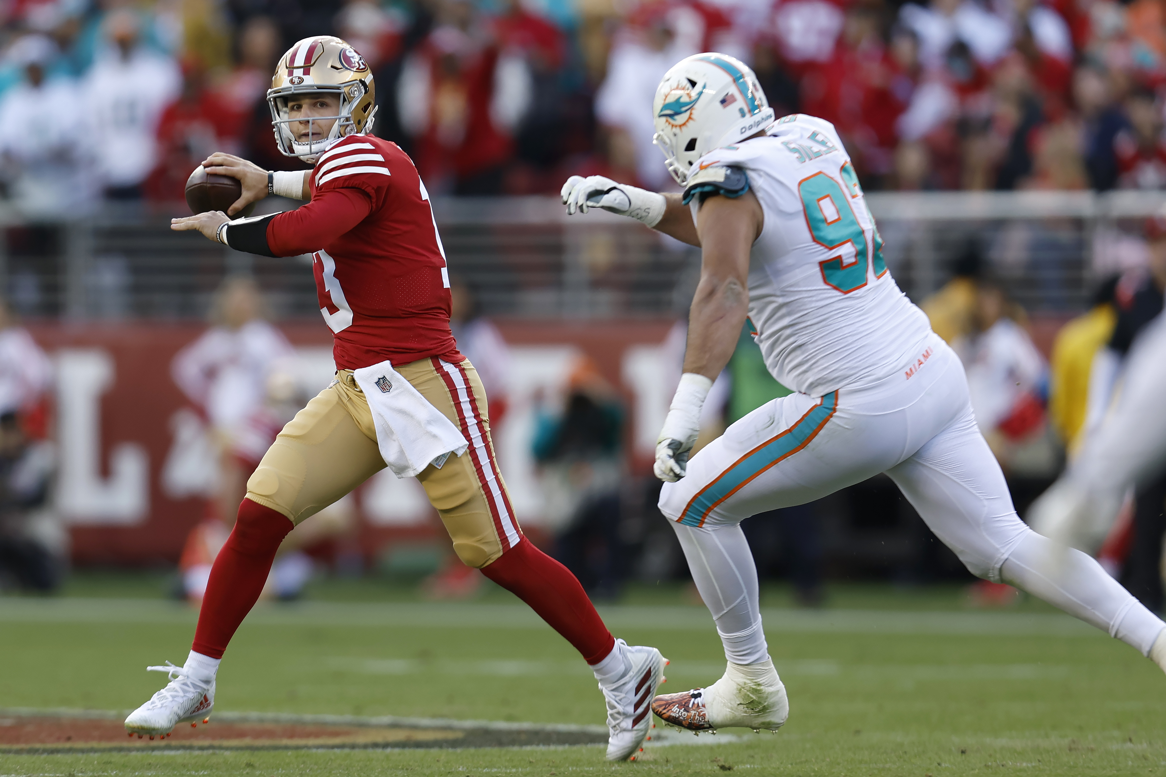 San Francisco 49ers defensive end Samson Ebukam (56) reacts after