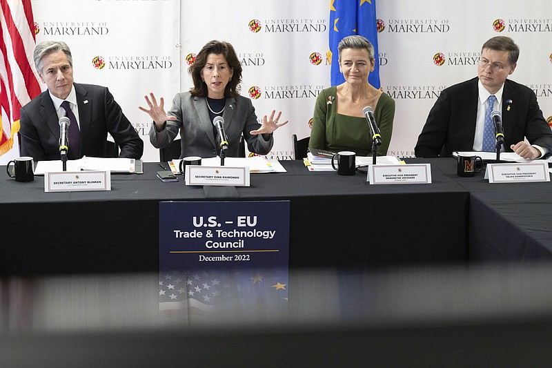 From left, Secretary of State Antony Blinken, Commerce Secretary Gina Raimondo, European Commission Executive Vice President Margrethe Vestager and European Union Commission Executive Vice President Valdis Dombrovskis participate in a U.S.-EU Stakeholder Dialogue during the Trade and Technology Council (TTC) Ministerial Meeting, Monday, Dec. 5, 2022, in College Park, Md. (Saul Loeb/Pool Photo via AP)