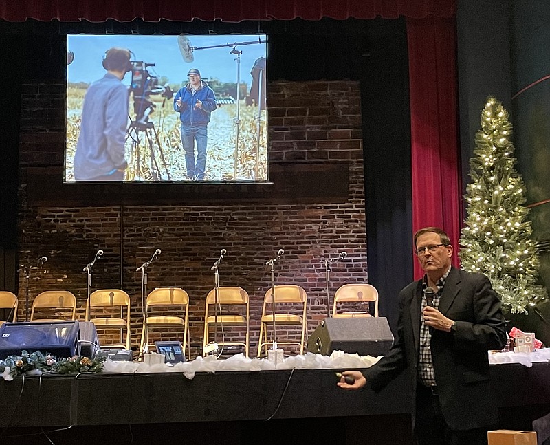 Democrat photo/Kaden Quinn photo:
Author Andrew McCrea gives a presentation at the Finke Theatre to about the economic success and development of small towns in the midwest.