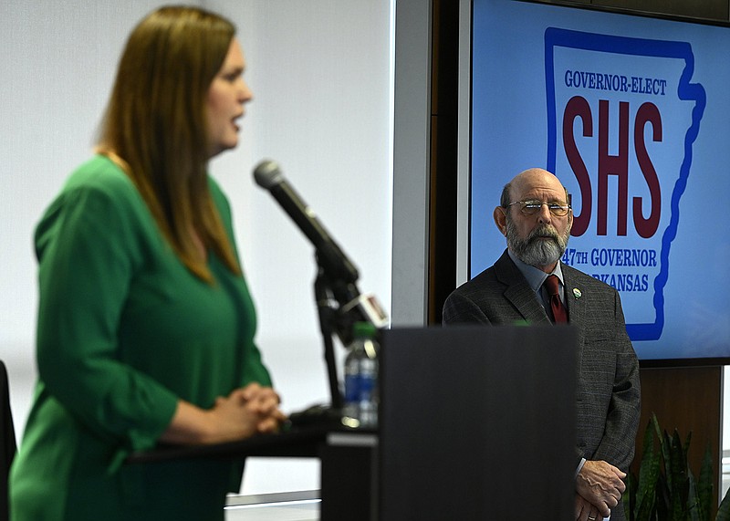 Governor-elect Sarah Huckabee Sanders, left, announces her intentions to nominate Mike Mills, right, for Secretary of the Department of Parks, Heritage, and Tourism during a press conference in Little Rock on Tuesday, Dec. 6, 2022.
(Arkansas Democrat-Gazette/Stephen Swofford)