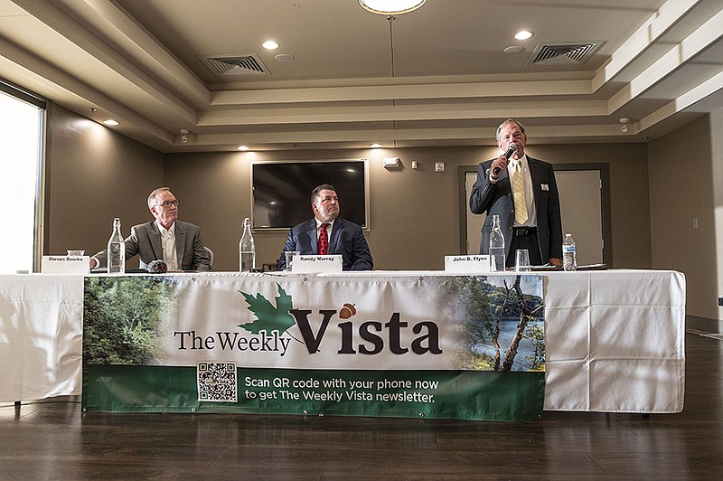 Bella Vista mayoral candidates Steve Bourke (from Left) and Randy Murray listen to John Flynn answer a question Oct. 3 during a mayoral forum held at the Lake Point Restaurant and Event Center in Bella Vista. Flynn won Tuesday's runoff election against Murray to become the city's next mayor.
(File Photo/NWA Democrat-Gazette/Spencer Tirey)