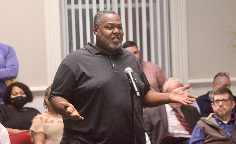 Jefferson County Tax Collector Tony Washington explains his dissatisfaction with the budget process Tuesday. (Pine Bluff Commercial/Eplunus Colvin)
