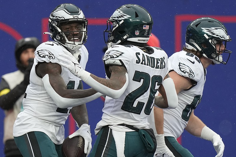 Philadelphia Eagles running back Miles Sanders (26) reacts after a