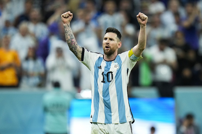 Argentina's Lionel Messi celebrates after scoring Argentina's second goal during the World Cup quarterfinal soccer match between the Netherlands and Argentina, at the Lusail Stadium in Lusail, Qatar, Friday, Dec. 9, 2022. (AP Photo/Francisco Seco)