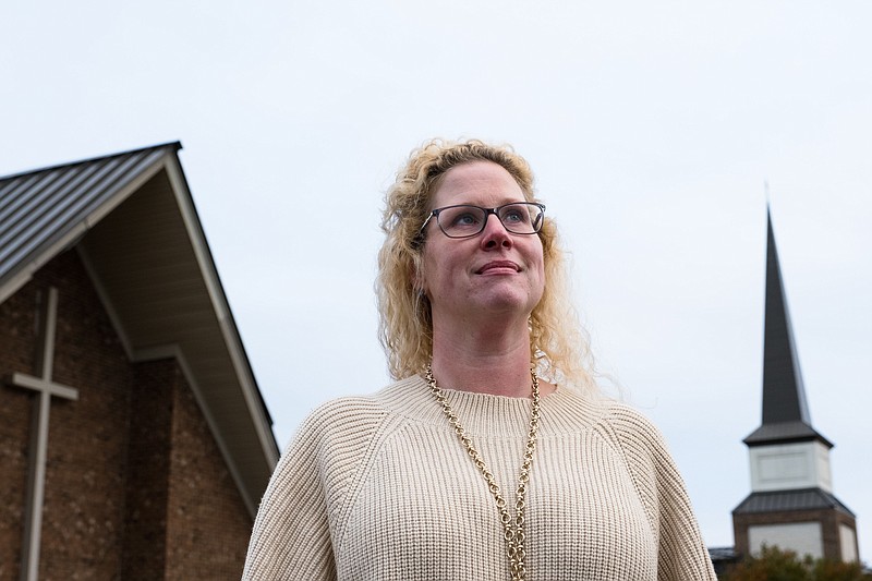 Megan Lively stands outside Peace church in Wilson, N.C., on Oct. 29. MUST CREDIT: Photo by Cornell Watson for The Washington Post.