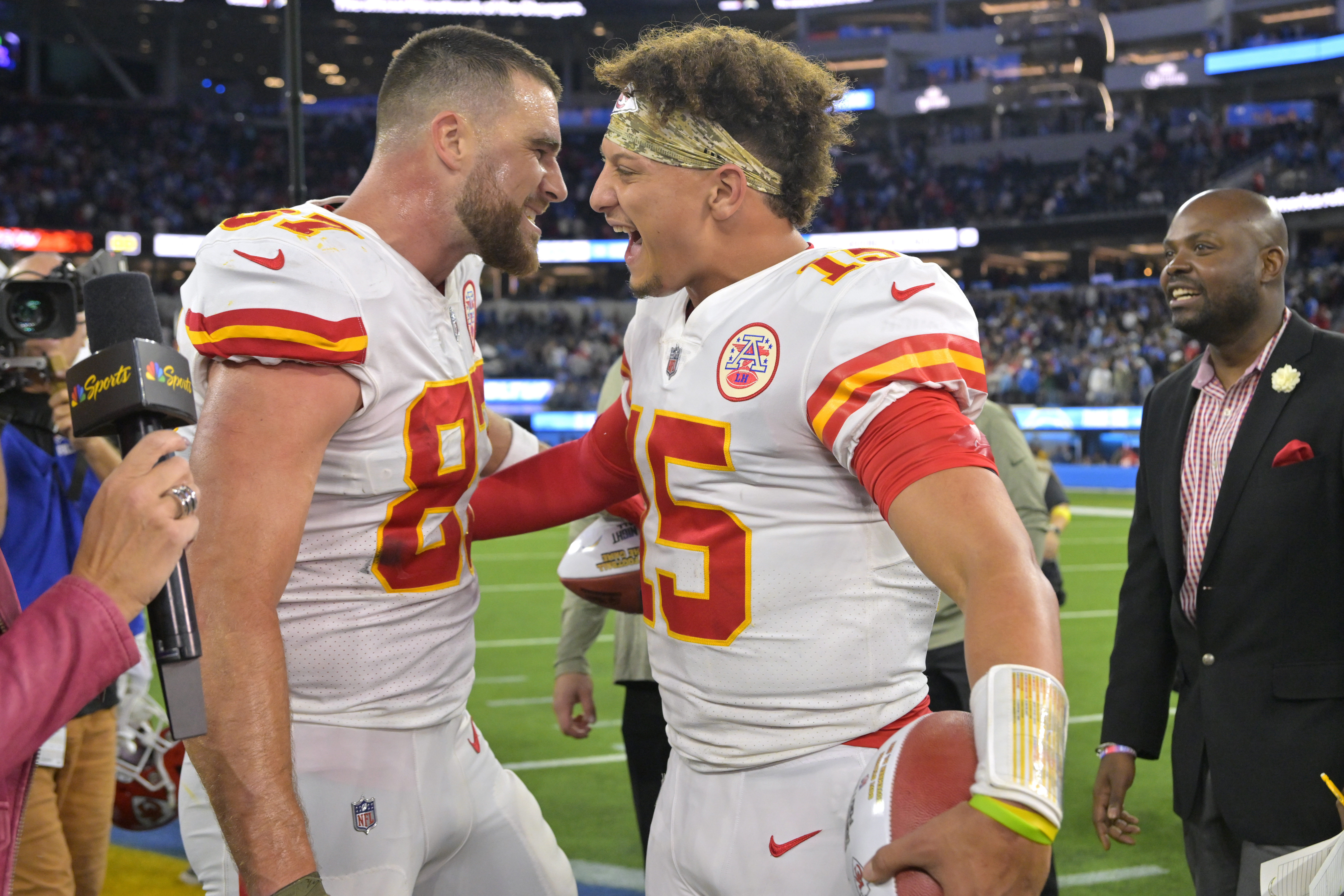 Kansas City Chiefs quarterback Patrick Mahomes (15) looks to pass during  the first half of an NFL football game against the Los Angeles Rams Sunday,  Nov. 27, 2022, in Kansas City, Mo. (