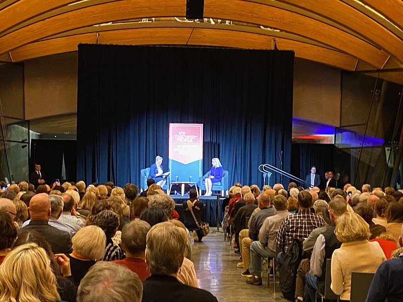 U.S. Rep. Liz Cheney, R-Wyo., shares the stage (at right) with Caryl Stern, executive director of the Walton Family Foundation, for a conversation at Crystal Bridges Museum of American Art in Bentonville. The event was held in honor of Crystal Bridges’ free exhibition “We the People: The Radical Notion of Democracy."