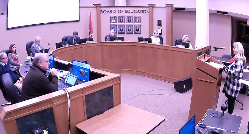 Nona Rogers, a teacher at Garfield Elementary School, addresses the Rogers School Board during the board's meeting Tuesday, Dec. 20, 2022.
(NWA Democrat-Gazette/Dave Perozek)
