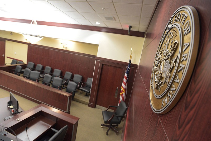 The courtroom of Sebastian County Circuit Judge Gunner DeLay is seen on Thursday, Nov. 2, 2021, inside the Sebastian County Courts Building in Fort Smith. (NWA Democrat-Gazette/Hank Layton)