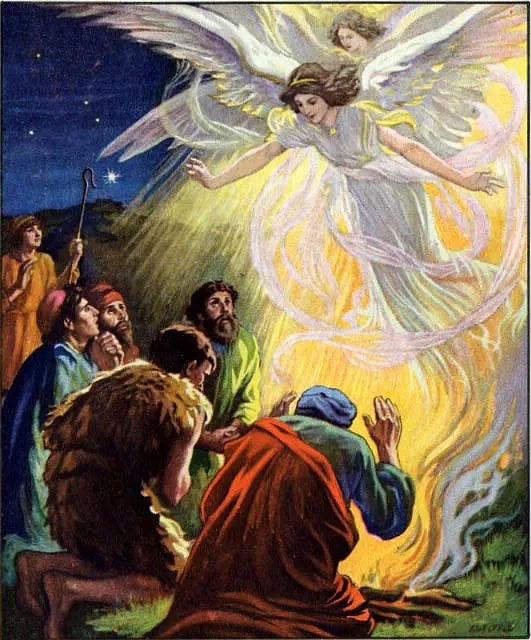 An angel brings good tidings to the shepherds near Bethlehem.
Standard Bible Story, Book Two, Illustration by O. A. Stemler and Bess Bruce Cleaveland, published by The Standard Publishing Company, 1925.