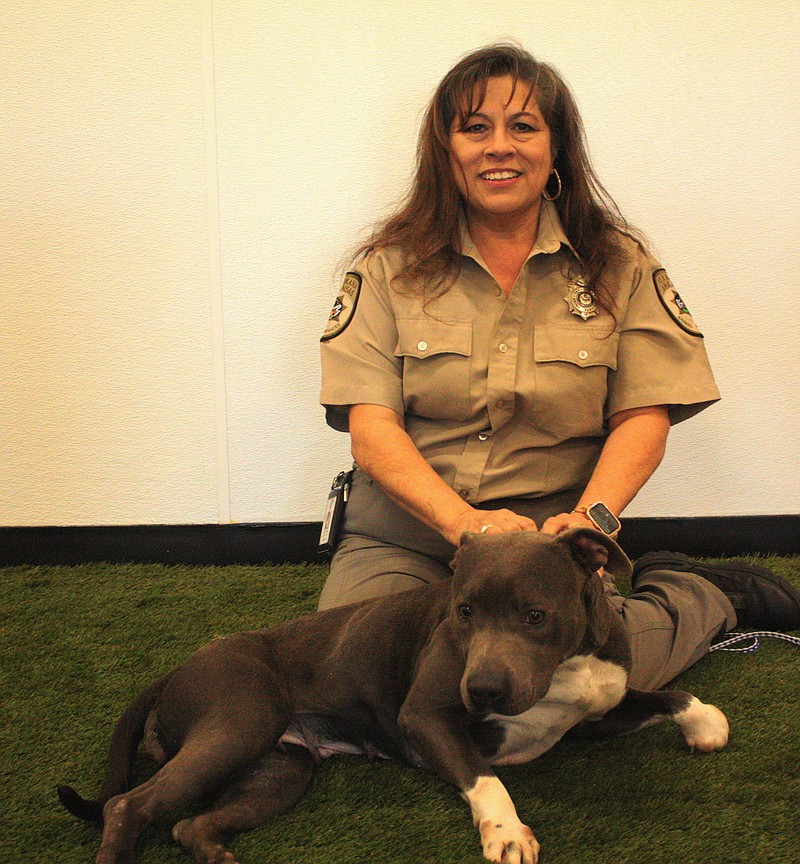 Executive Director Lenor Teague sits with Mamacita, who has been a fixture since the summer at the Animal Care and Adoption Center in Texarkana, Ark. (Staff photo by Mallory Wyatt)