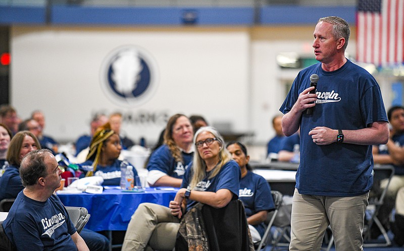 Julie Smith/News Tribune photo:
Lincoln University John Moseley addresses faculty and staff during LU's fall institute during which Moseley was pleased to announce that the number of first year students are up and that other student numbers were up.