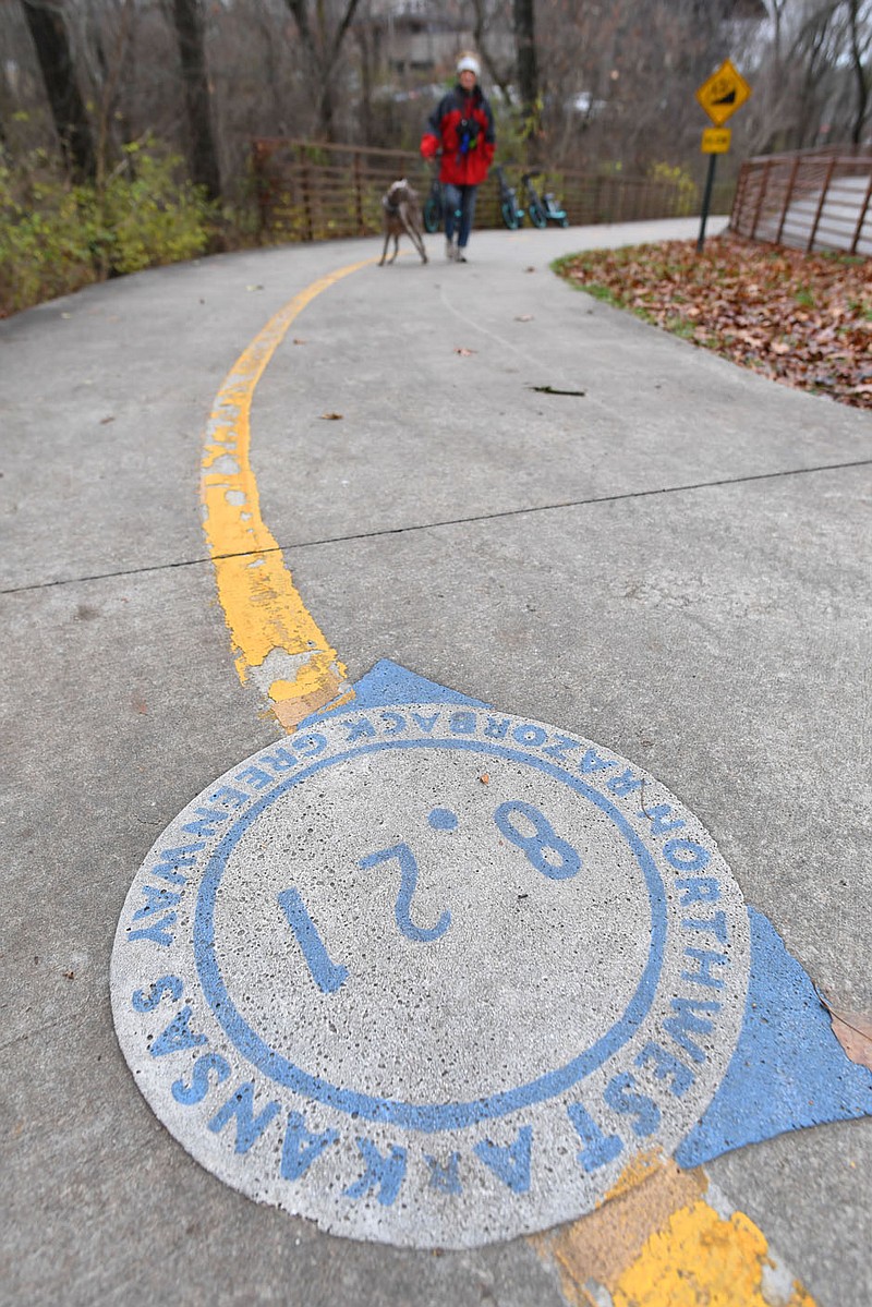 A marker lists the distance Dec. 14 from the southern end of the trail along the Razorback Greenway near Lake Fayetteville in Fayetteville. Visit nwaonline.com/photo for today’s photo gallery.

(NWA Democrat-Gazette/Andy Shupe)