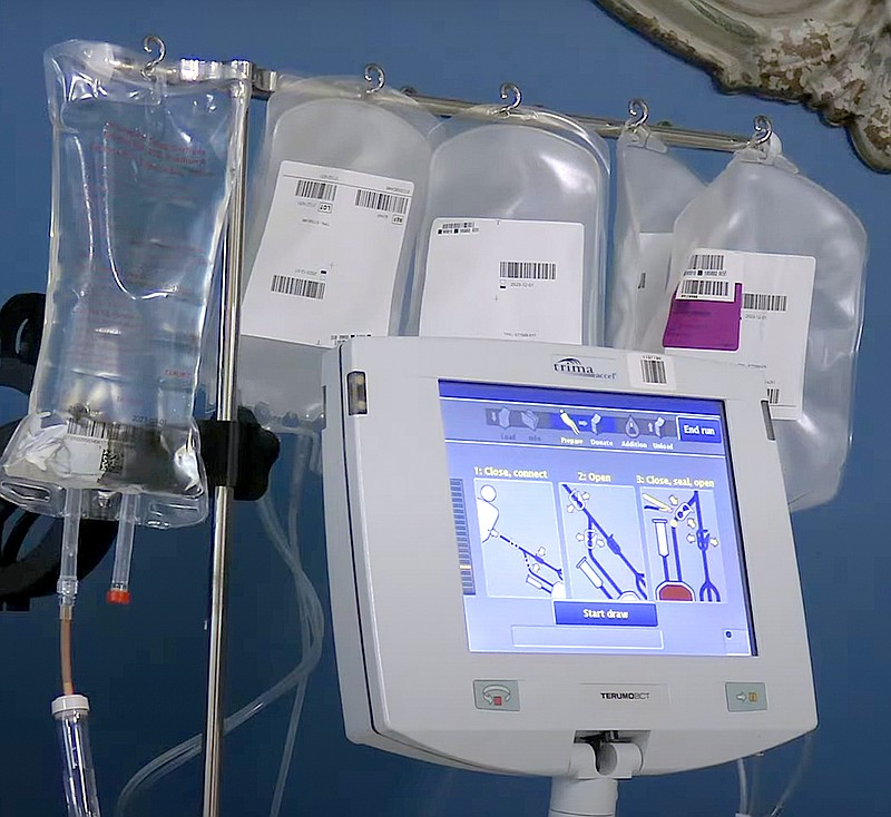 An apheresis machine, used to separate plasma from the rest of a person’s blood, is shown at the Arkansas Blood Institute, 149 Section Line Road, which will be giving away a blanket or an insulated tumbler in addition to the choice of a long-sleeved T-shirt to anyone who donates blood before Tuesday. - Photo by Donald Cross of The Sentinel-Record