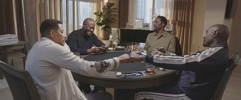 Terrence Howard (from left) Taye Diggs, Harold Perrineau and Morris Chestnut perform in a scene from “The Best Man: The Final Chapters.” (Peacock via AP)