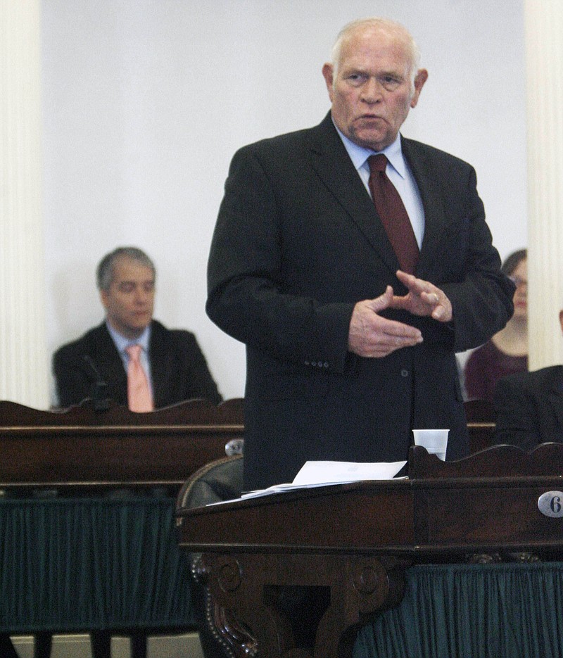 FILE- State Sen. Richard Sears, D-Bennington, speaks during a debate at the State House, Thursday, Jan. 22, 2009, in Montpelier, Vt. Sears, the head of the Vermont Senate Judiciary Committee, says he's going to introduce a bill in the upcoming legislative session to close an exemption to child abuse and neglect reporting laws for members of the clergy. (AP Photo/Toby Talbot, File)