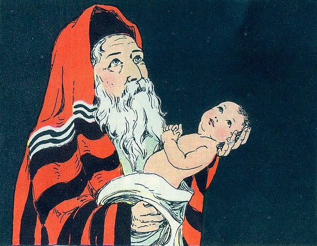 Simeon takes up Jesus in his arms.
Standard Bible Story Readers - Book One, by Lillie A. Faris. Illustrated by O.A. Stemler and Bess Bruce Cleaveland, published by The Standard Publishing Company, 1925.
